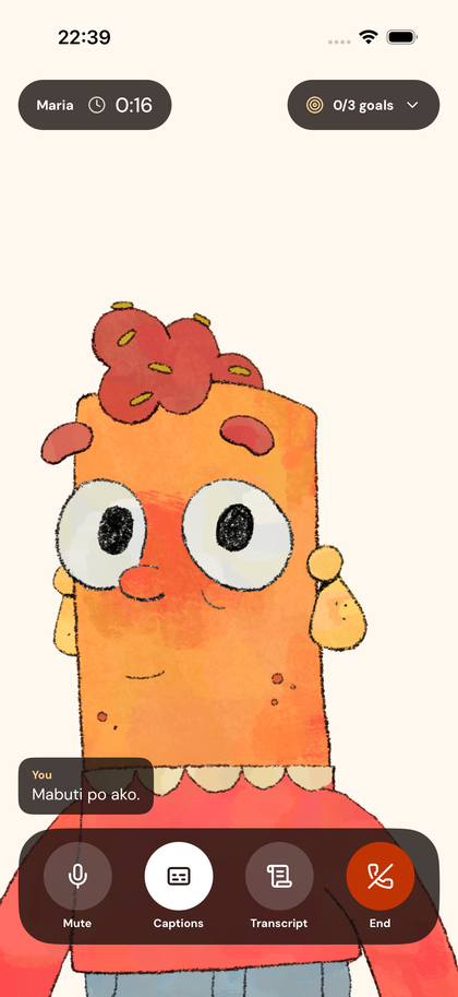 A FaceTime-style live AI call with Maria, showing her illustrated face, spoken captions, and mute, captions, transcript, and end controls.