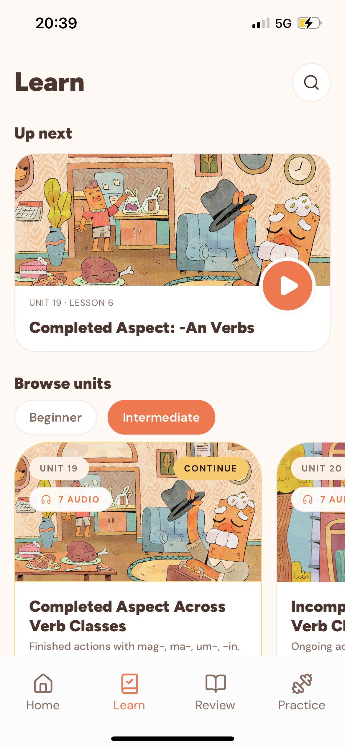The Tahanan Learn screen, with an Up next lesson on completed-aspect -an verbs and a browse-units list.