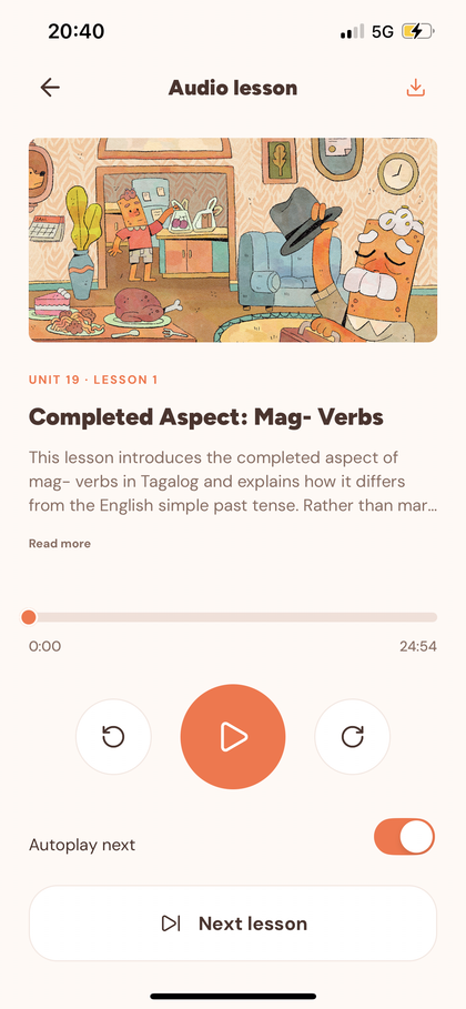 An Audio lesson player for completed-aspect mag- verbs, with a dining-room illustration and playback controls.