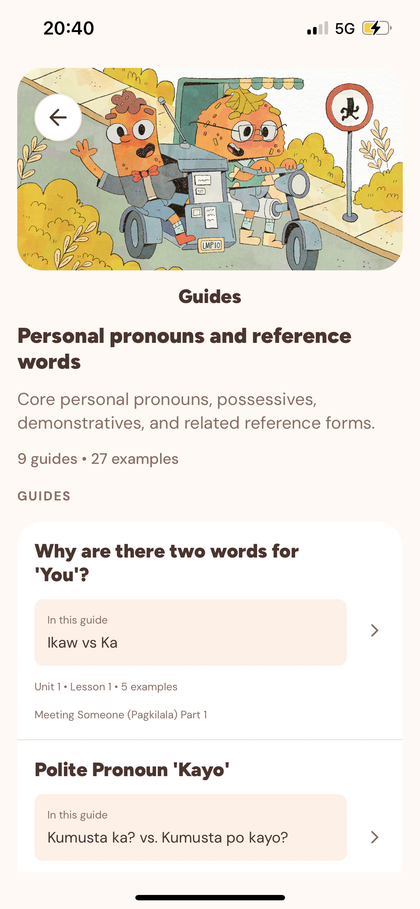 The Guides screen for personal pronouns and reference words, listing Ikaw vs Ka and polite kayo.