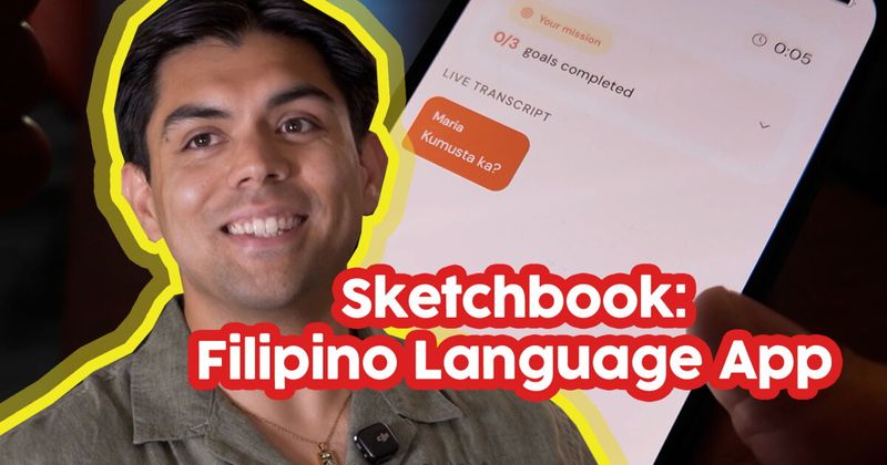 Luke Patterson beside a phone showing a Tagalog lesson, with the title Sketchbook: Filipino Language App.