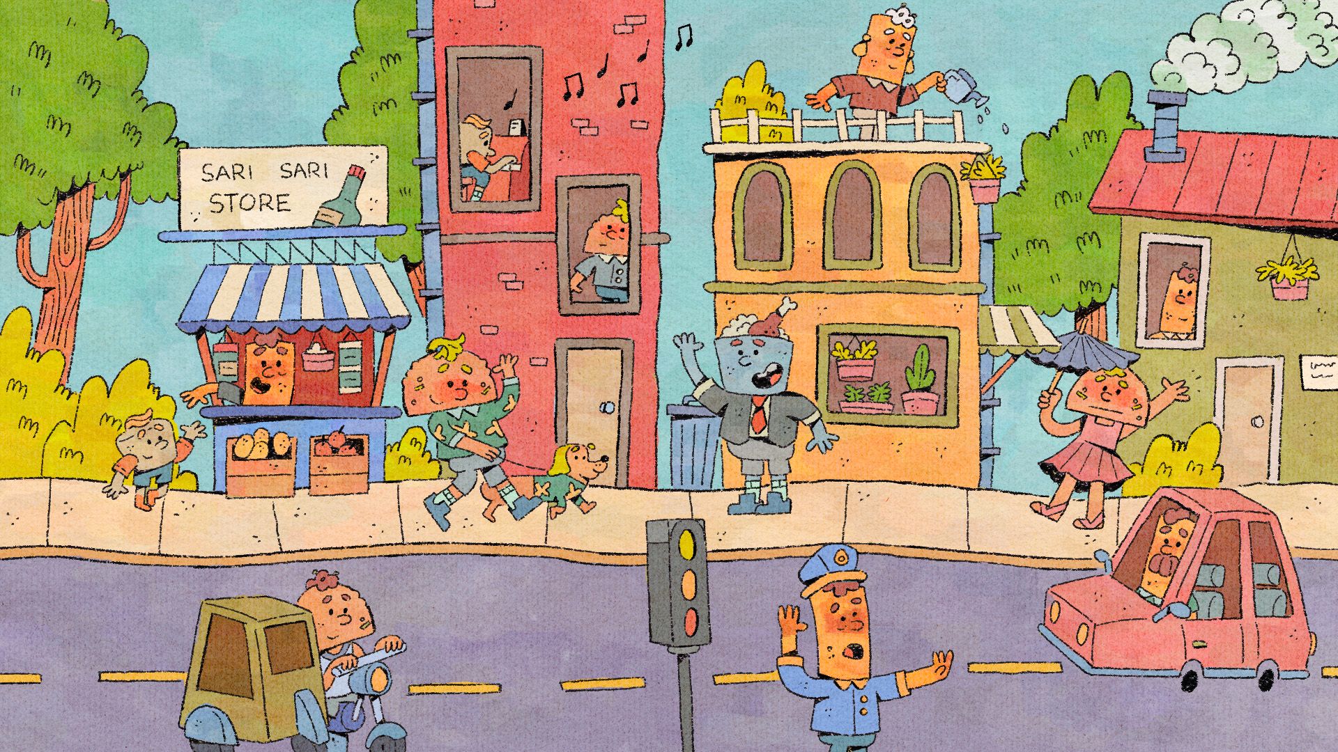 Tahanan’s illustrated neighborhood, with familiar characters greeting each other outside colorful homes and a sari-sari store.