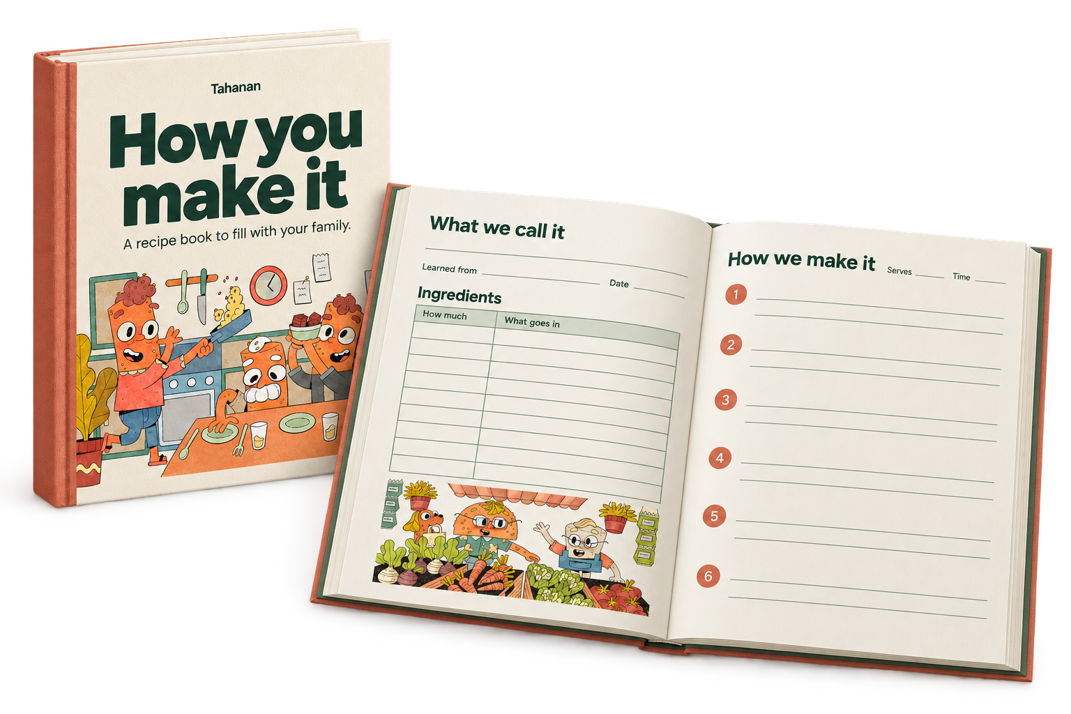 How you make it recipe book concept: the illustrated cover beside an open spread.