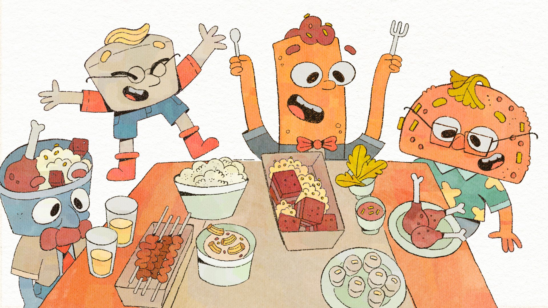 Tahanan characters gathered around a table sharing a Filipino meal.