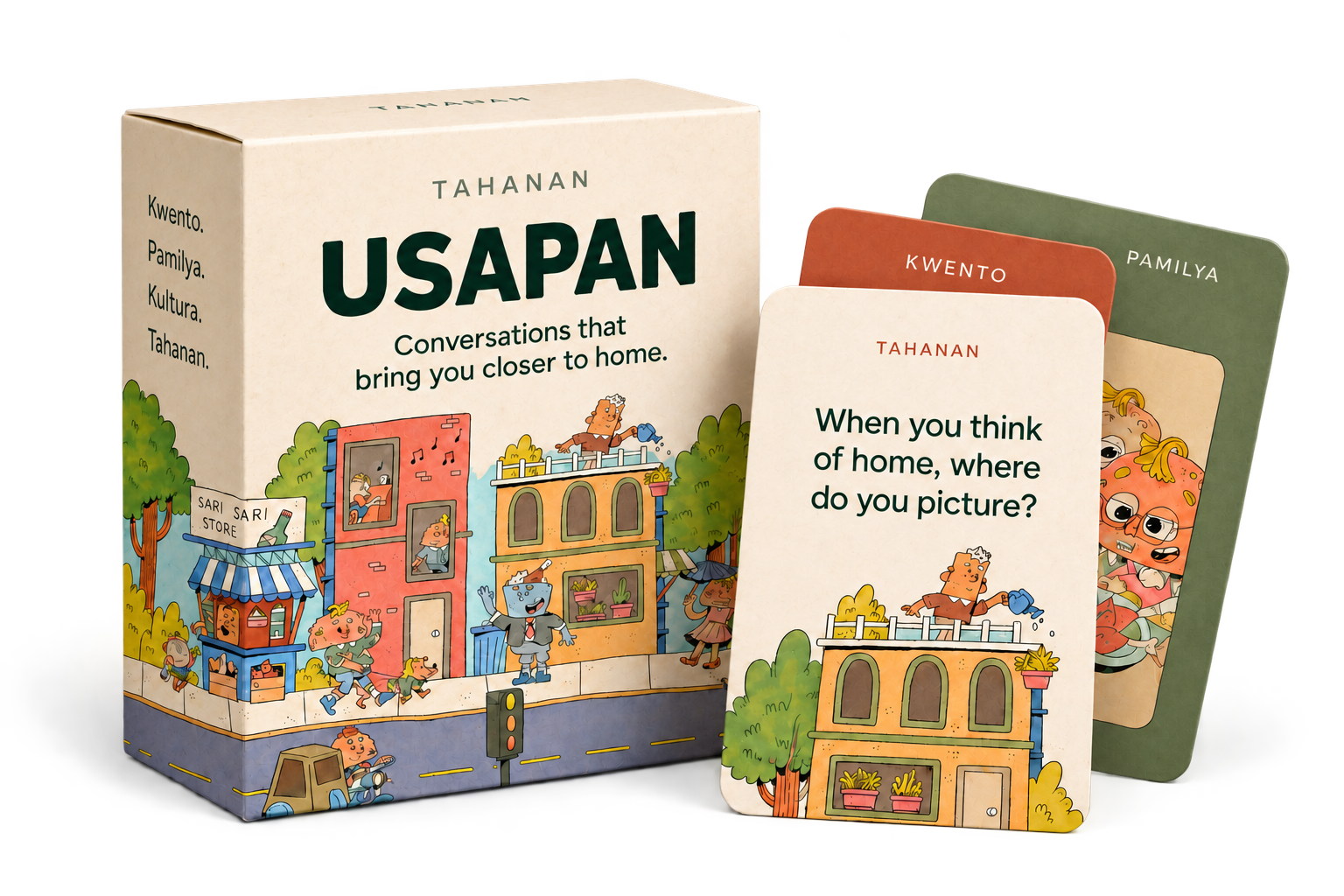 Usapan packaging concept: an illustrated cream box with a fan of conversation cards. The front card asks, ‘When you think of home, where do you picture?’