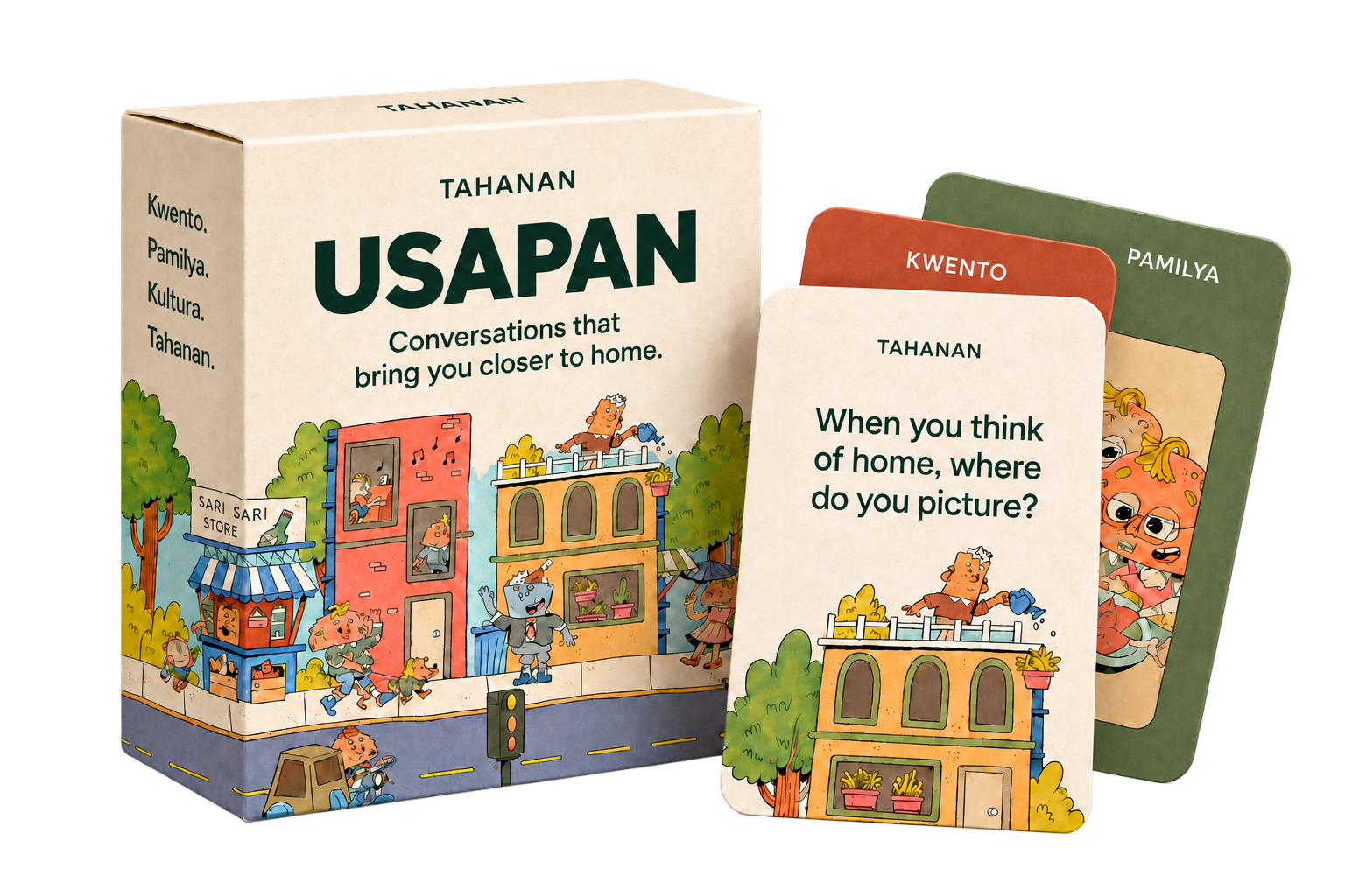 Usapan packaging concept: an illustrated cream box and conversation cards.